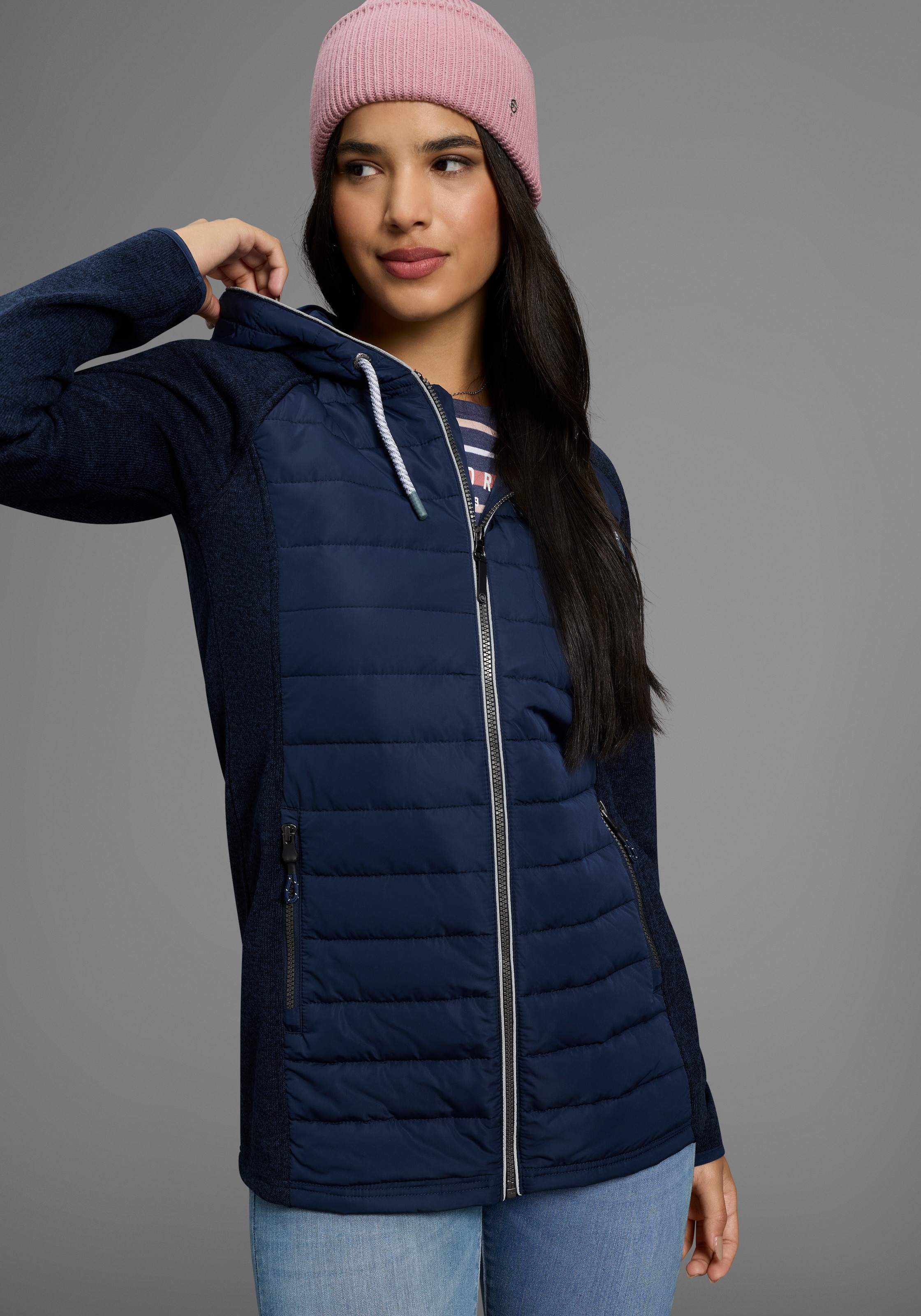 Polarino Strickfleecejacke mit Kapuze mit wattiertem Bereich-Hybridjacke, Übergangsjacke