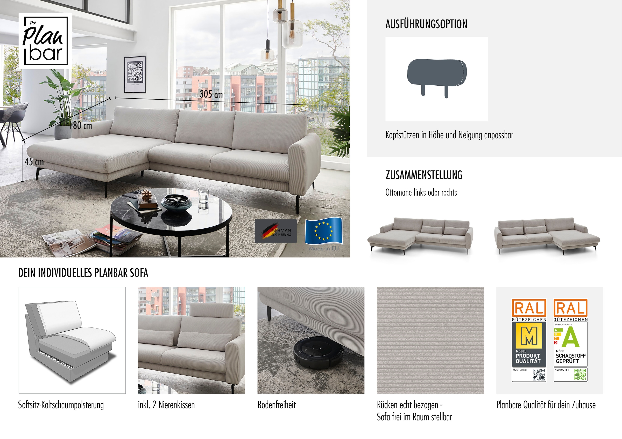 Die PlanBar Ecksofa »MP-IN23147 L-Form«, (2 St.), Kaltschaumpolsterung, softer Sitz & verstellbare Kopfstützen