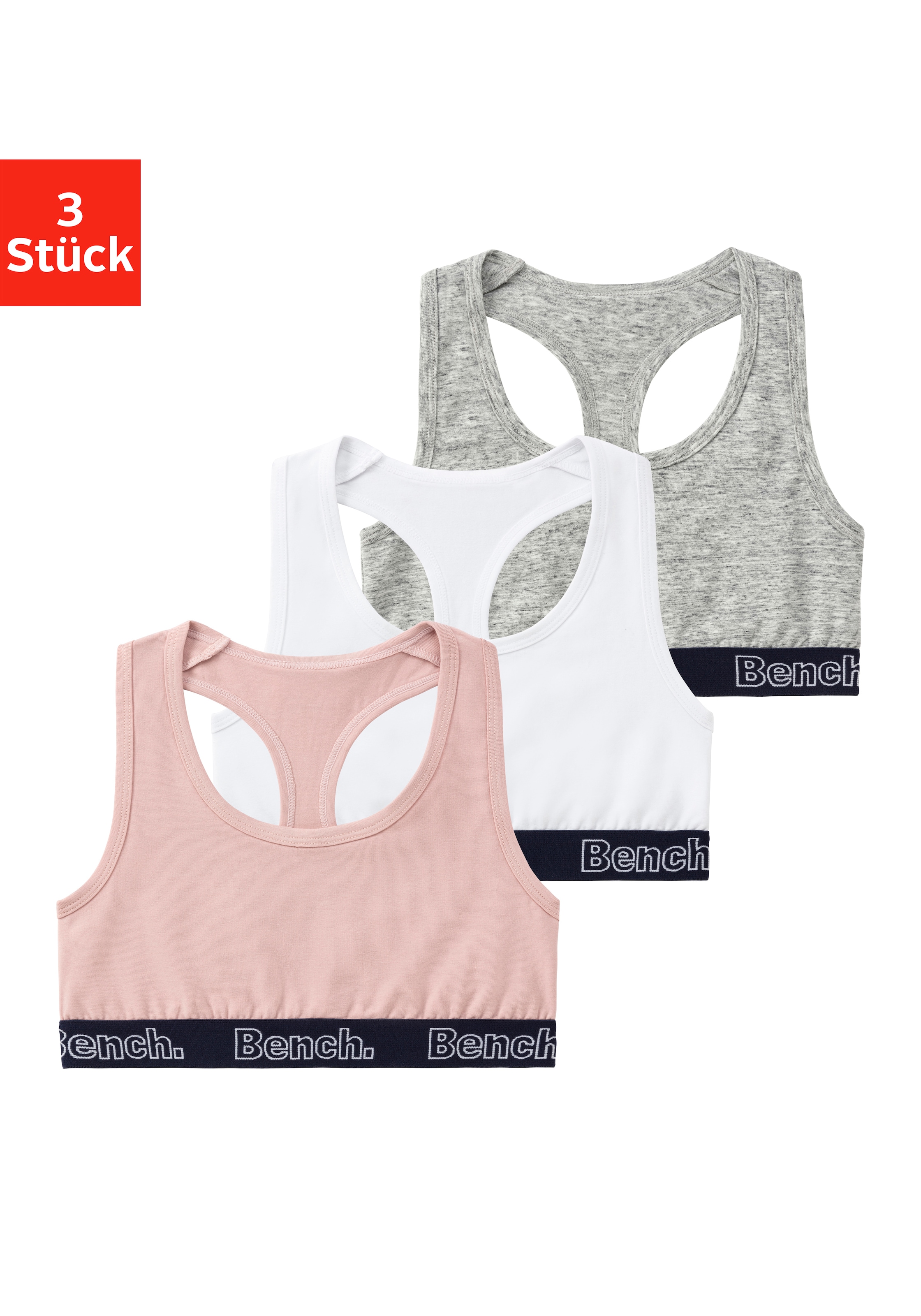 Bench. Bustier Packung, 3 Stk. unifarben, Bündchen mit Logoschriftzug, Ringerrücken