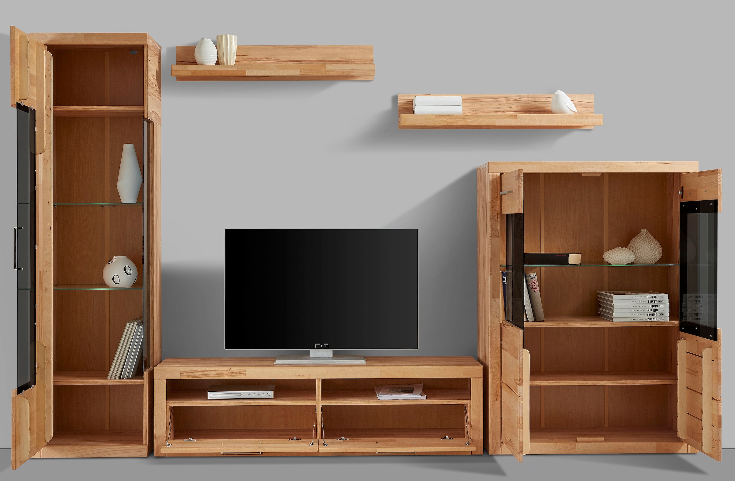 Home affaire Wohnwand »Ribe,Fronten Massivholz,Korpus Holzwekstoff,viel Stauraum«, (Set, 5 St.), Glaseinsatz aus gehärtetem Glas,Böden teilweise versetzbar