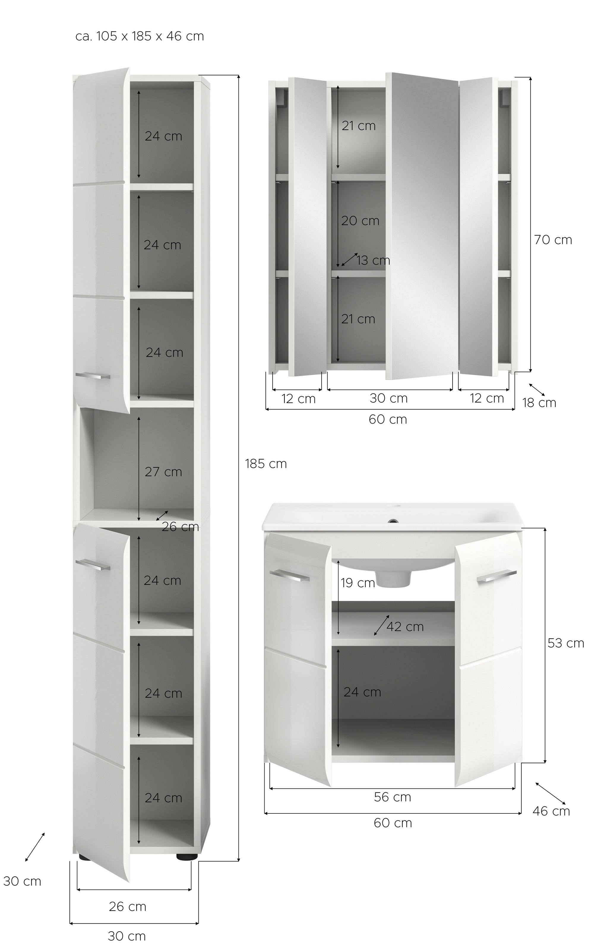 INOSIGN Badezimmer-Set, (Set, 4 St.), Florenz, Badkombination 4-tlg., Weiß hochglanz, inkl. Waschbecken