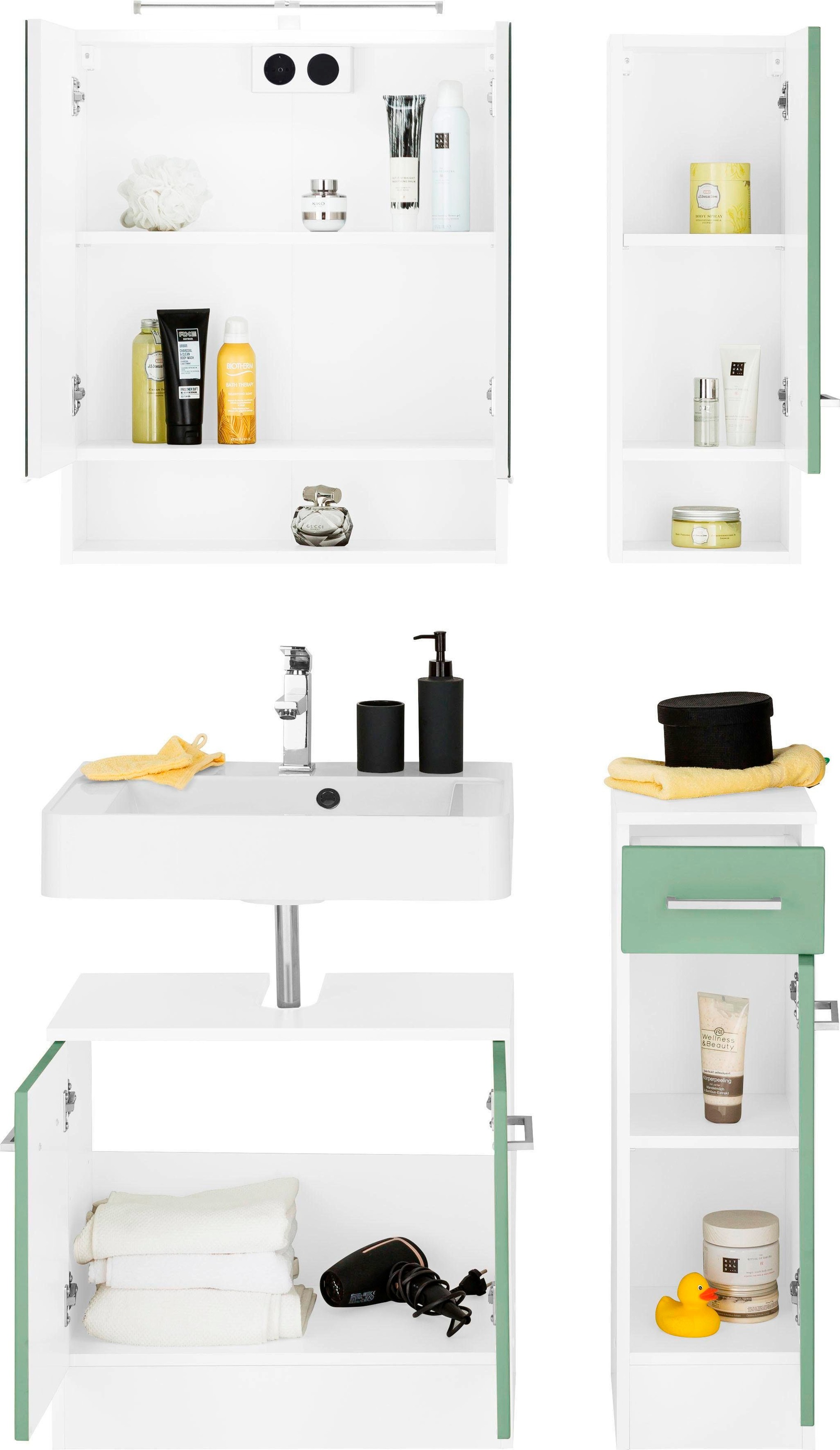 welltime Badmöbel-Set »Ribera«, (4 St.), Spiegelschrank, Waschplatz, Hängeschrank, Unterschrank