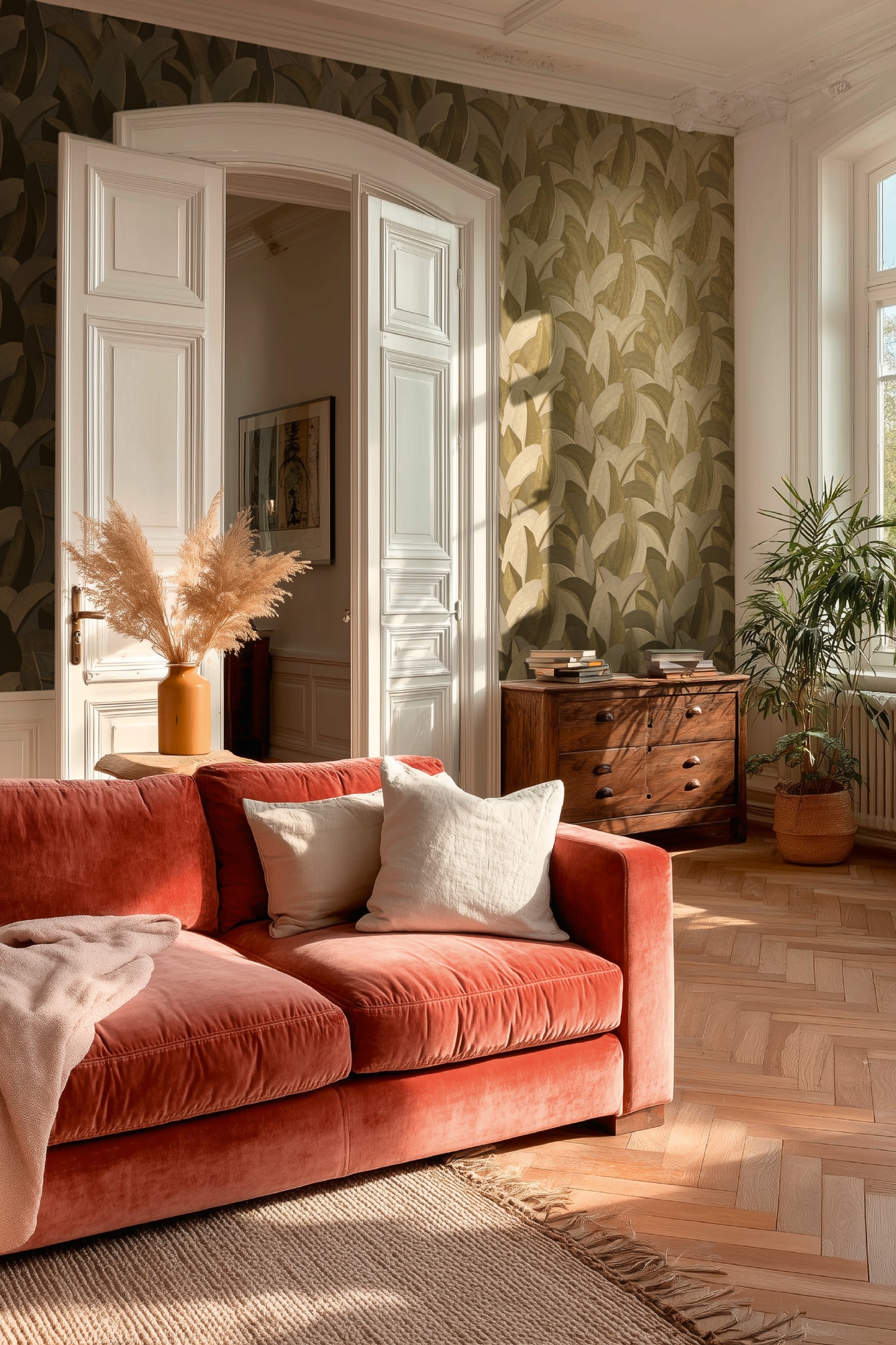 living walls Vliestapete »Vibes & Styles Isabelle – Golden Canopy Vliestapete« glänzend leicht strukturiert Großflächiges Blattdesign mit feiner Struktur und Glanzeffekt
