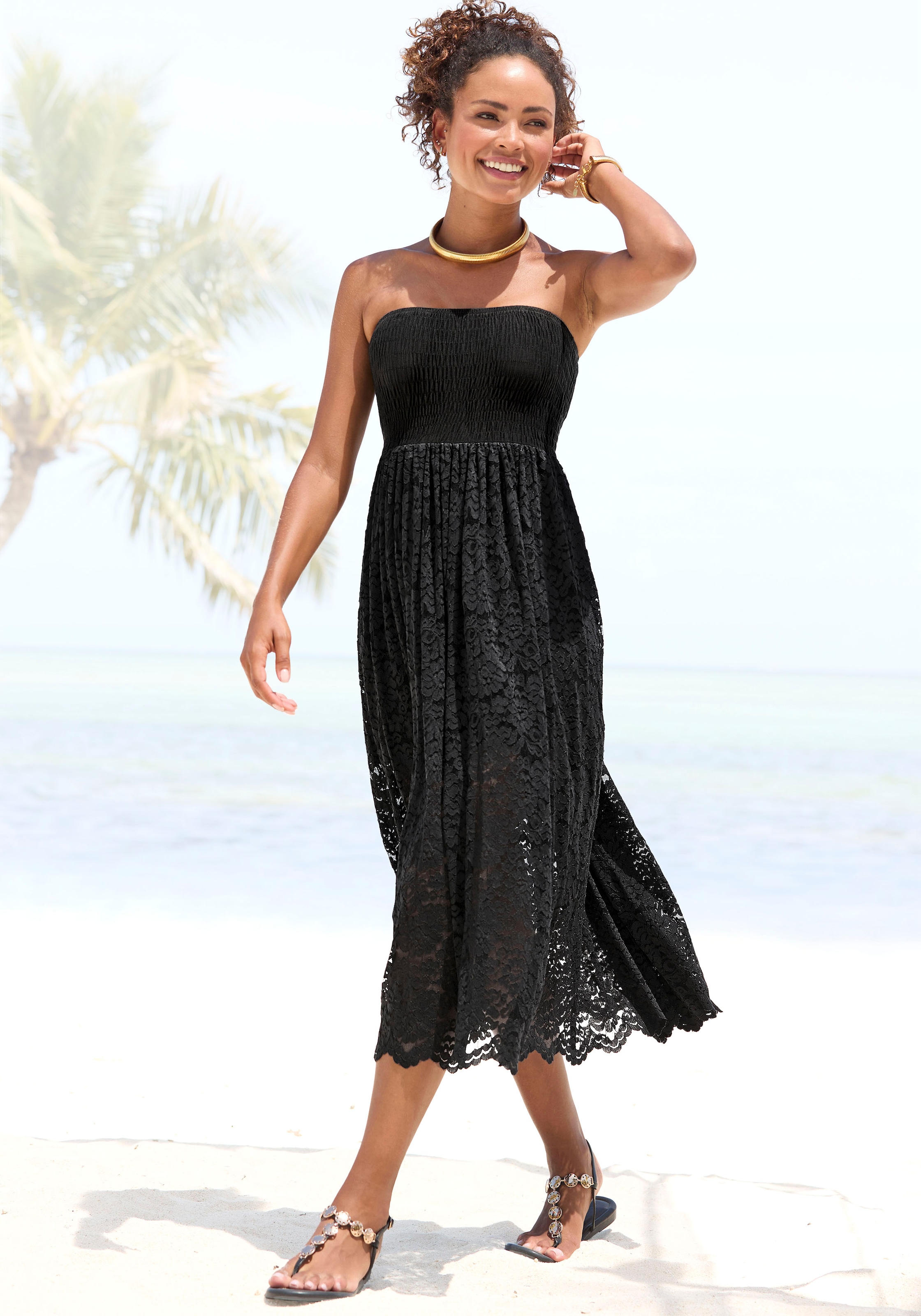 LASCANA 2-in-1-Kleid "aus geblümter Spitze, auch als Maxirock tragbar" Ohne Taschen verspieltes Sommerkleid, Spitzenkleid, Bandeaukleid, Spitzenrock