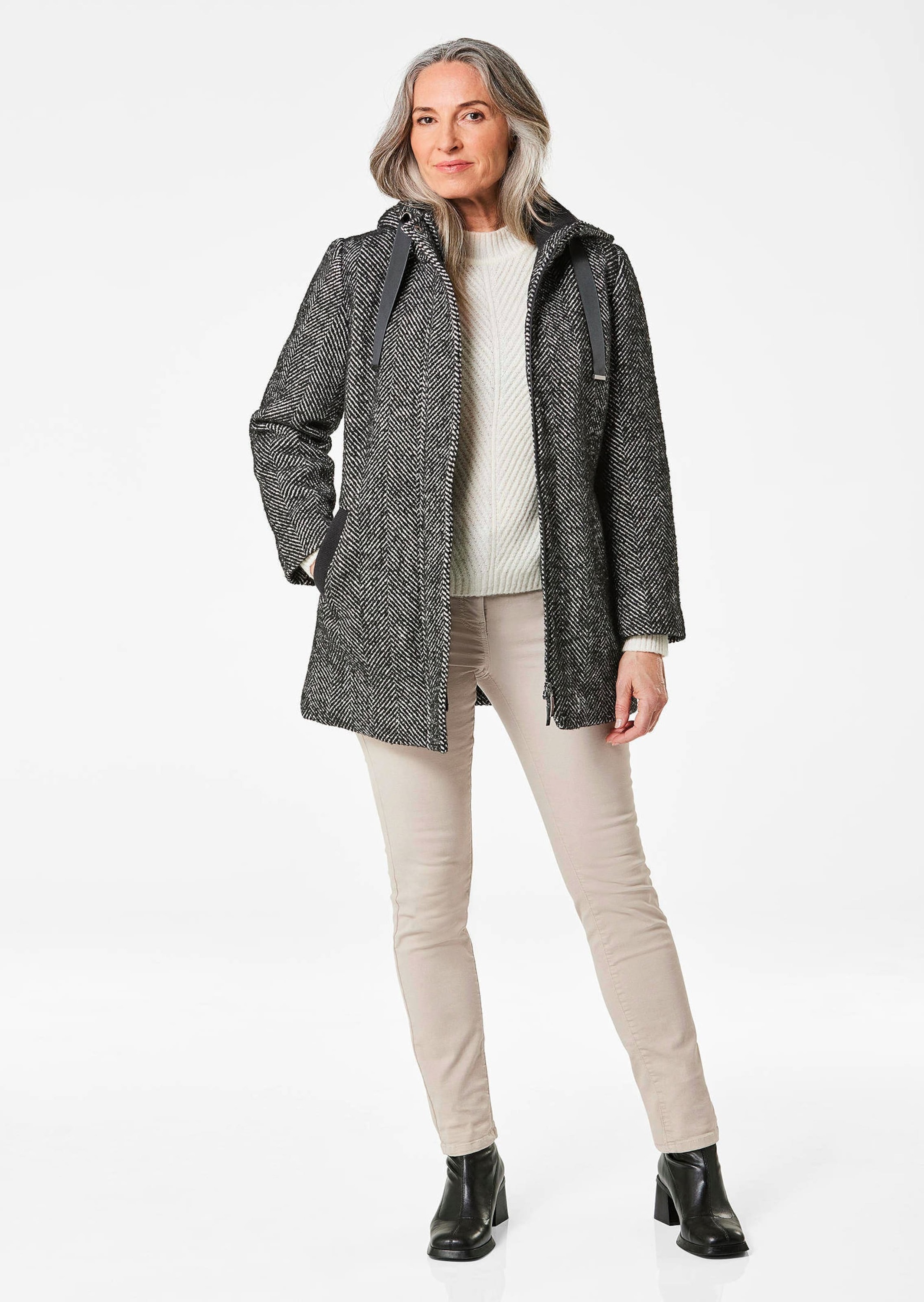 GOLDNER Langmantel "Wollmantel mit Fischgräten-Muster" Mit Strickbündchen a günstig online kaufen