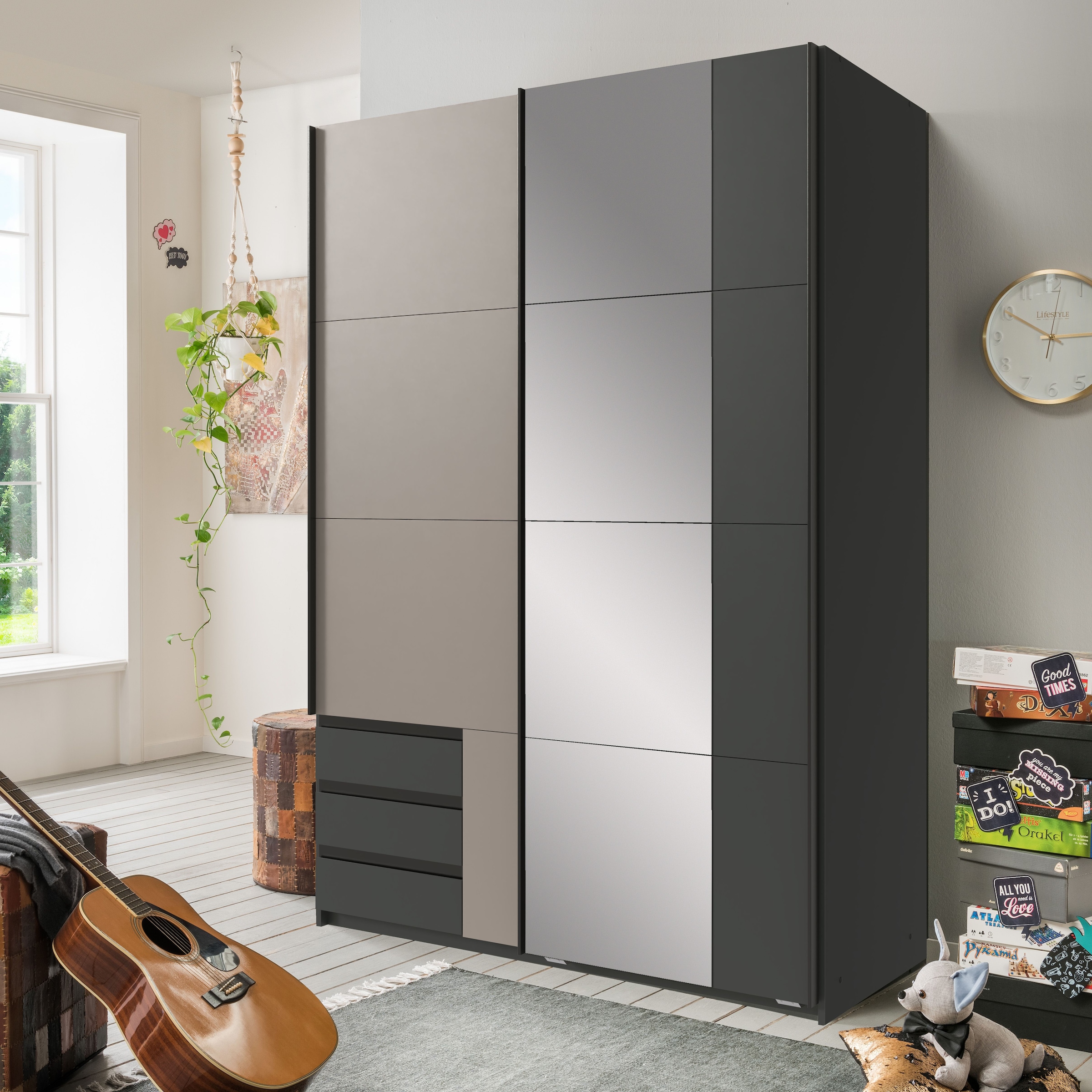 Wimex Schwebetürenschrank »Emden moderner Kleiderschrank mit Spiegel und Schubladen BESTSELLER«, Schlafzimmer Schrank Garderobenschrank mit Schwebetüren Topseller