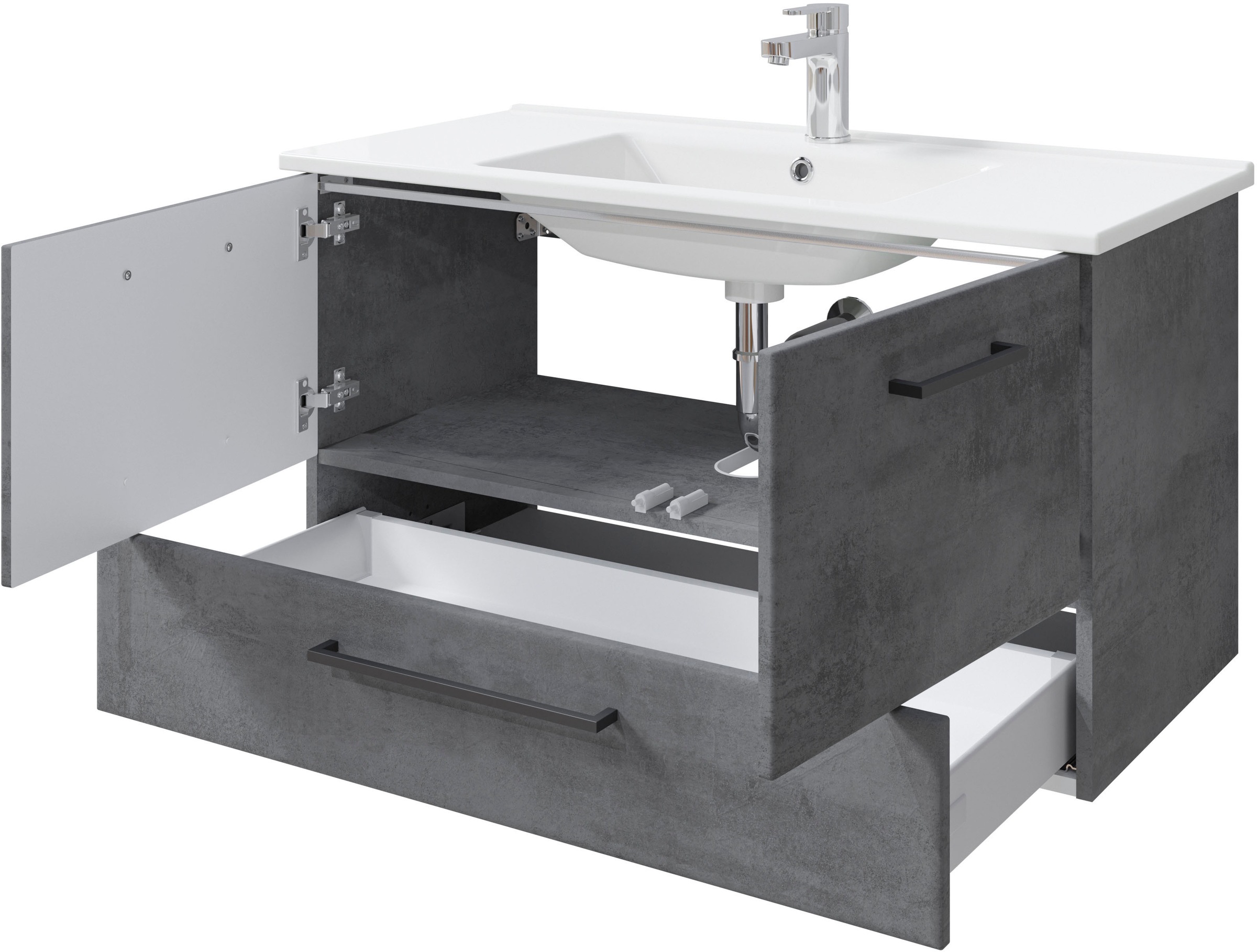 Saphir Badmöbel-Set »Quickset 945 3-teilig, Keramik-Waschtisch mit LED-Spiegelschrank«, (4 St.), Unterschrank, 6 Türen, 3 Schubladen, 8 Einlegeböden, inkl. Türdämpfer
