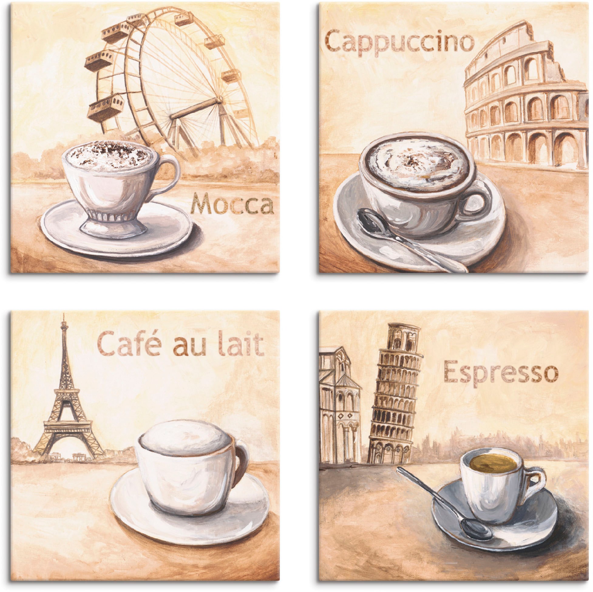 Artland Leinwandbild "Mocca Cappuccino Café au lait Espresso", Getränke, (4 St.), 4er Set, verschiedene Größen