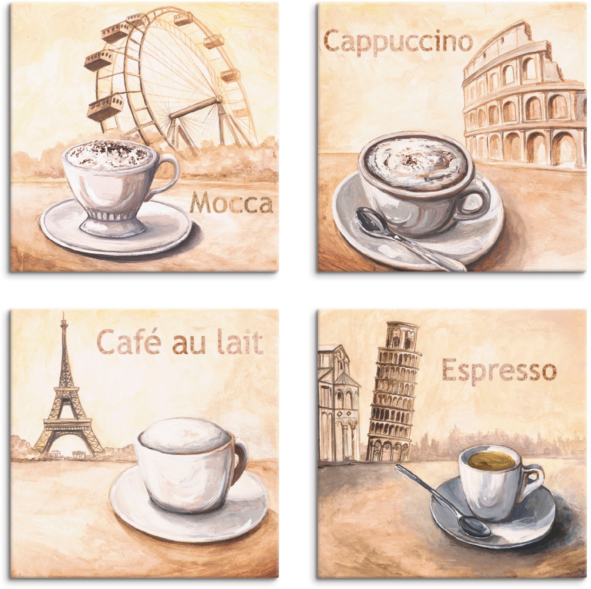 Artland Leinwandbild "Mocca Cappuccino Café au lait Espresso" Getränke 4 St günstig online kaufen