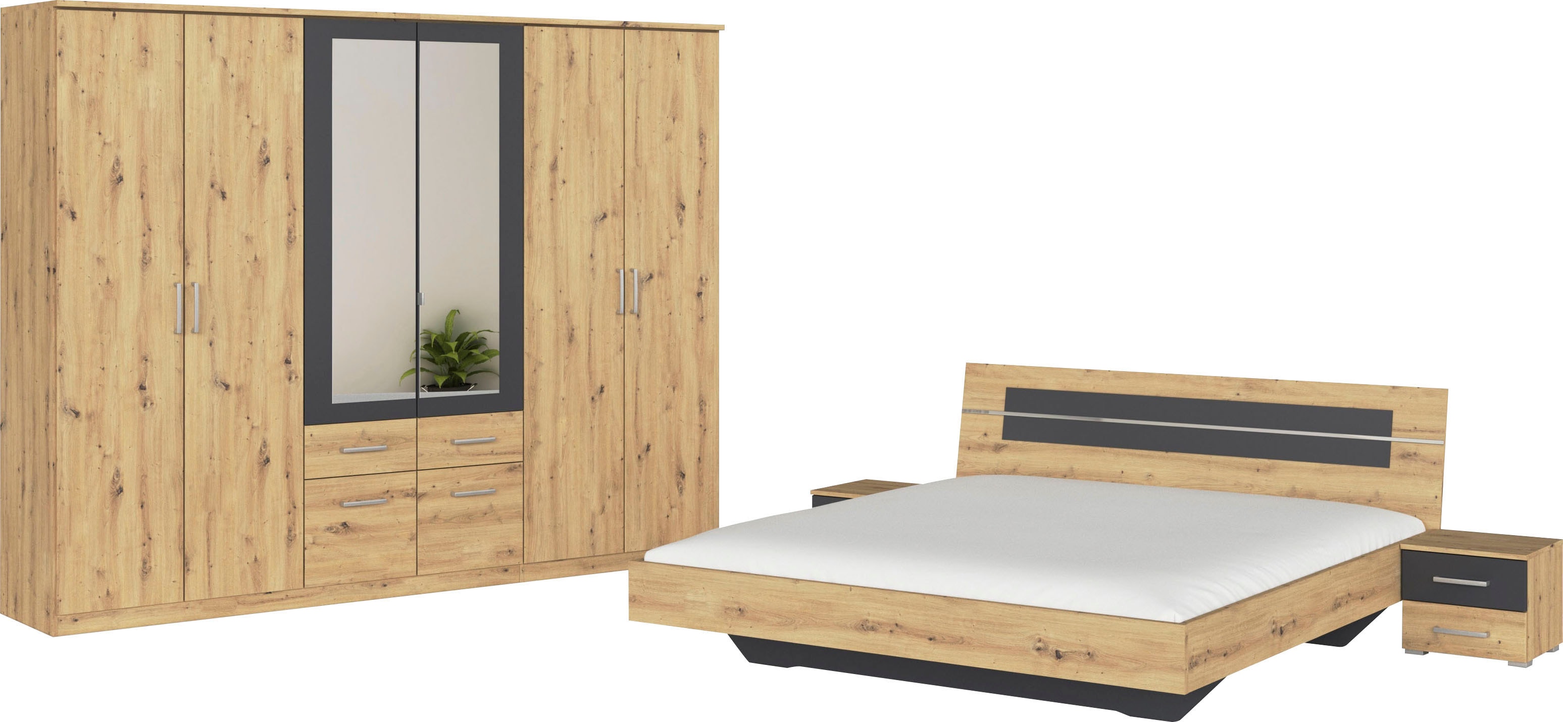 rauch Schlafzimmer-Set "Komplettschlafzimmer Schlafzimmer BURANO mit Schrank in 3 Breiten," Set, 4 Stk. tlg. Bett 180x200 cm und 2 Nachttischen MADE IN GERMANY