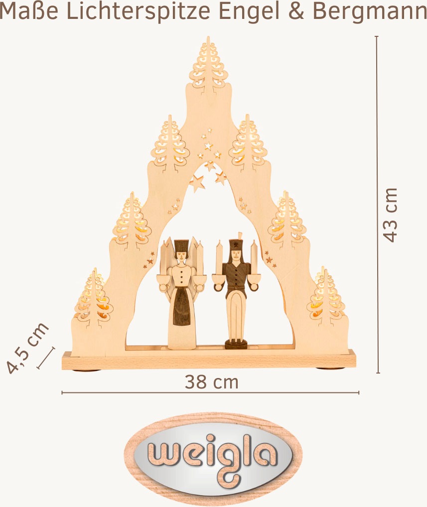 Weigla Schwibbogen »Engel & Bergmann, Lichterspitze aus Holz, NATUR-BRAUN«, Erzgebirge garantiert, Weihnachtsdeko Innen, Weihnachtsbeleuchtung