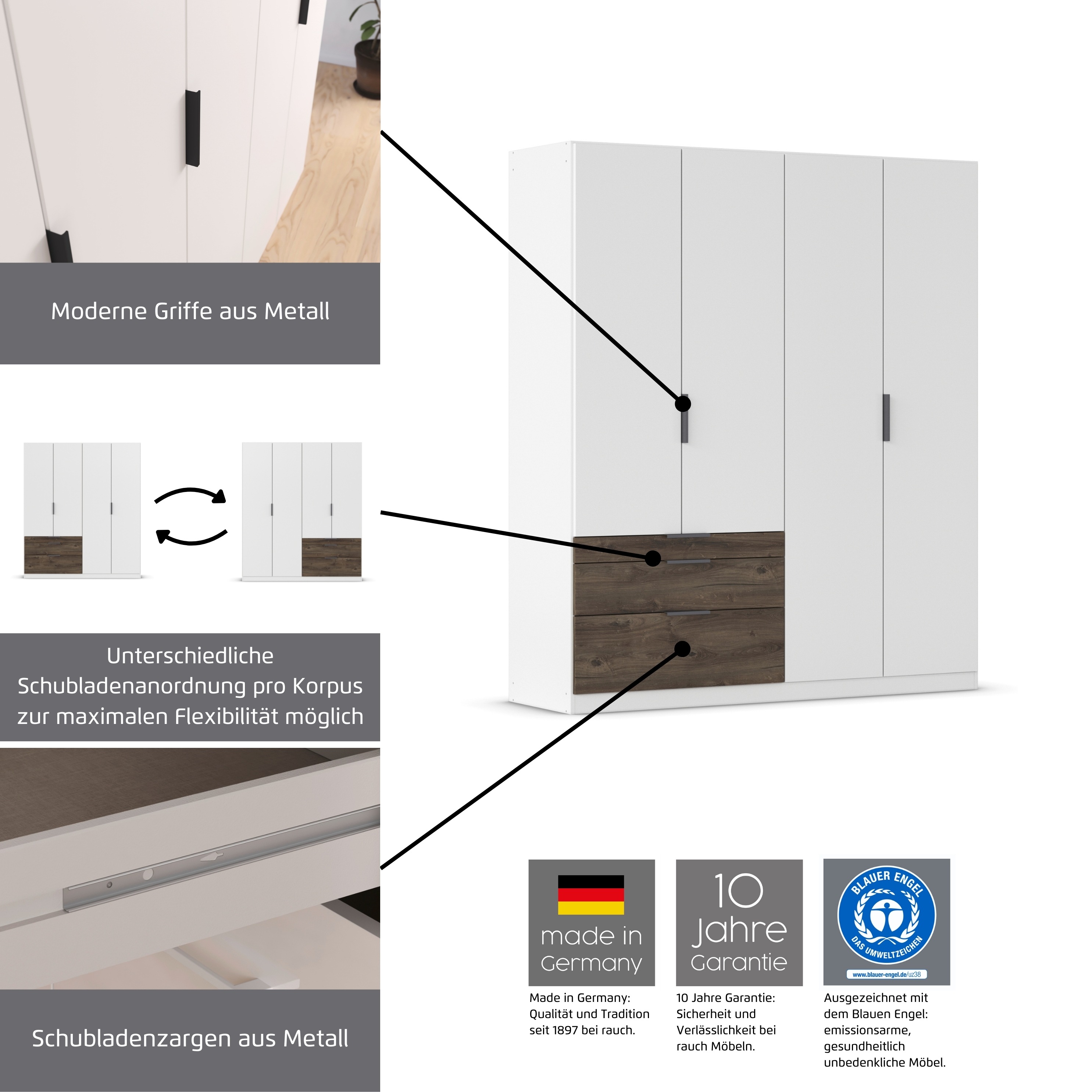 Thumbnail - rauch Kleiderschrank "Koda", (oberer Schubkasten mit praktischer Inneneinteilung), mit symmetrisch angeordneten Schublad...