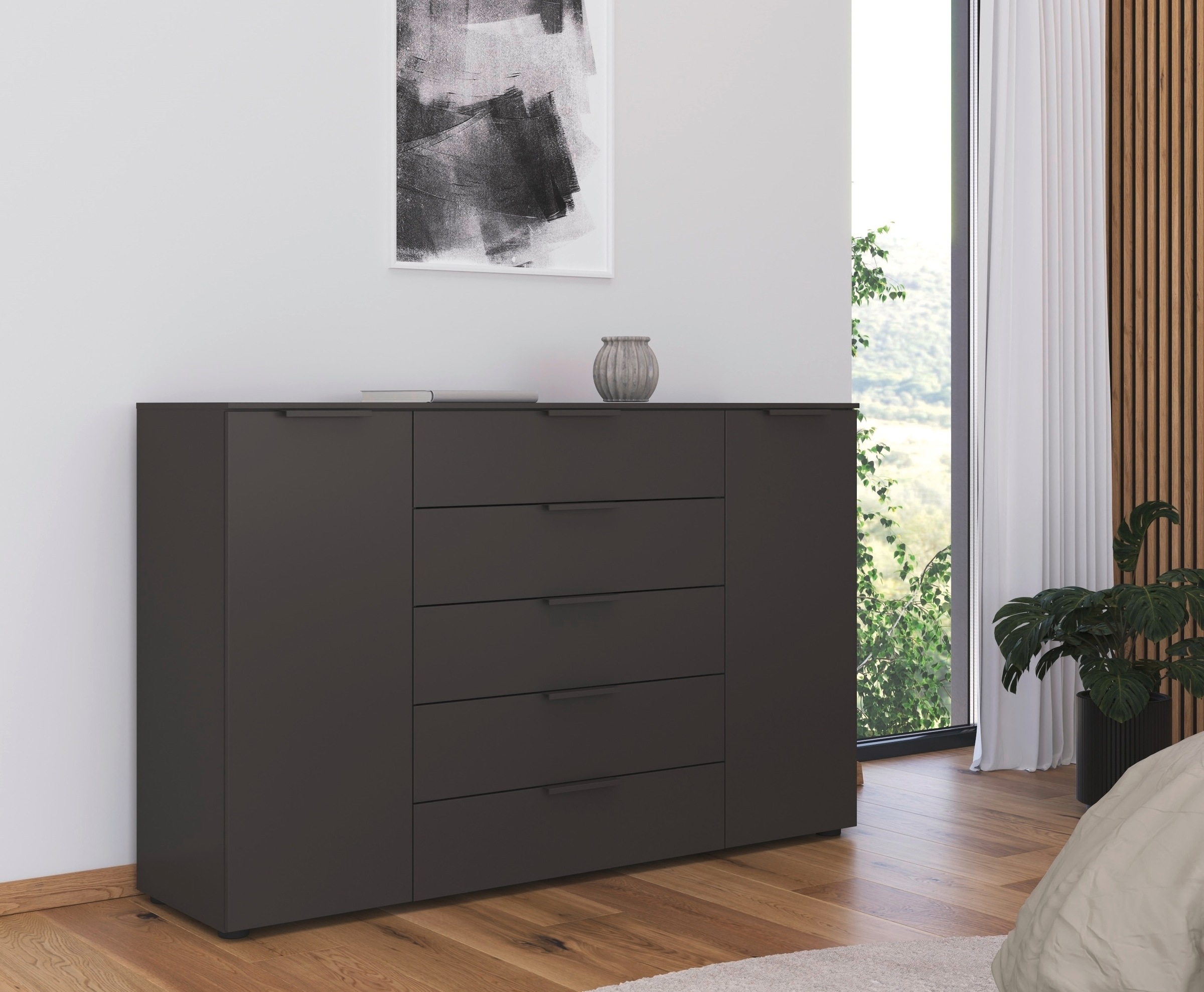 rauch Schubkastenkommode "Flipp Schubladenkommode Wäscheschrank Schrank" Breite 160/180 cm mit 4 Einlegeböden, 2-türig mit 5 Schubladen und Soft-Close-Funktion in zwei Breiten