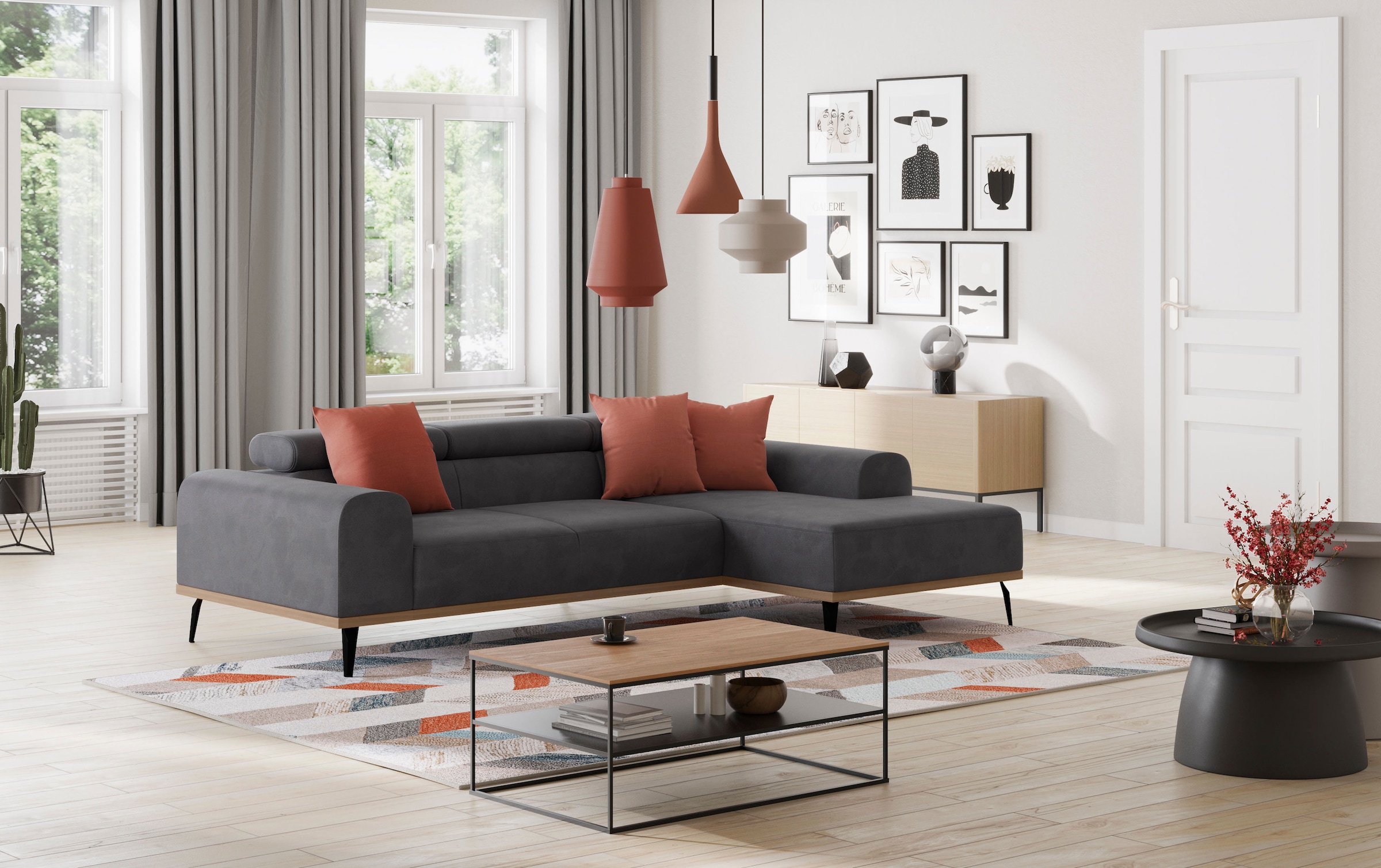 PLACES OF STYLE Ecksofa »Carlo L-Form« mit Kopfteilverstellung & Holz-Rahmenoptik, wahlweise Relaxfunktion