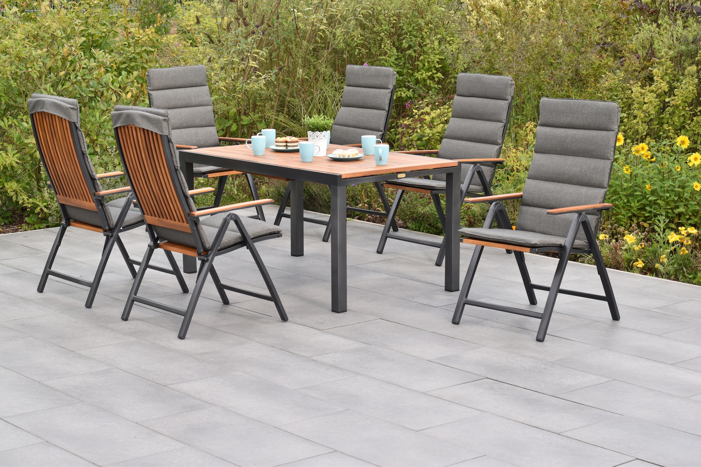 MERXX Garten-Essgruppe »»Athos««, (Set, 7 tlg., Inkl. Auflagen, 5-fach verstellbare Rückenlehne), Ausziehtisch: LxB: 150-200 x 90 cm