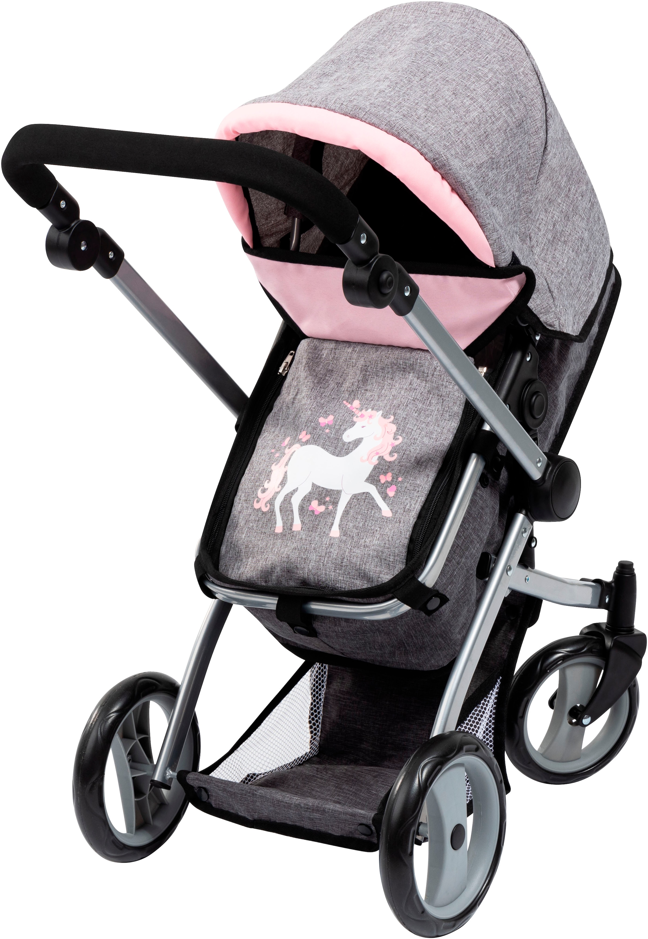 Bayer Puppenwagen »Mega grau/rosa«, (Set), mit Reisebett, Schlafsack, Wickeltasche und Zubehör