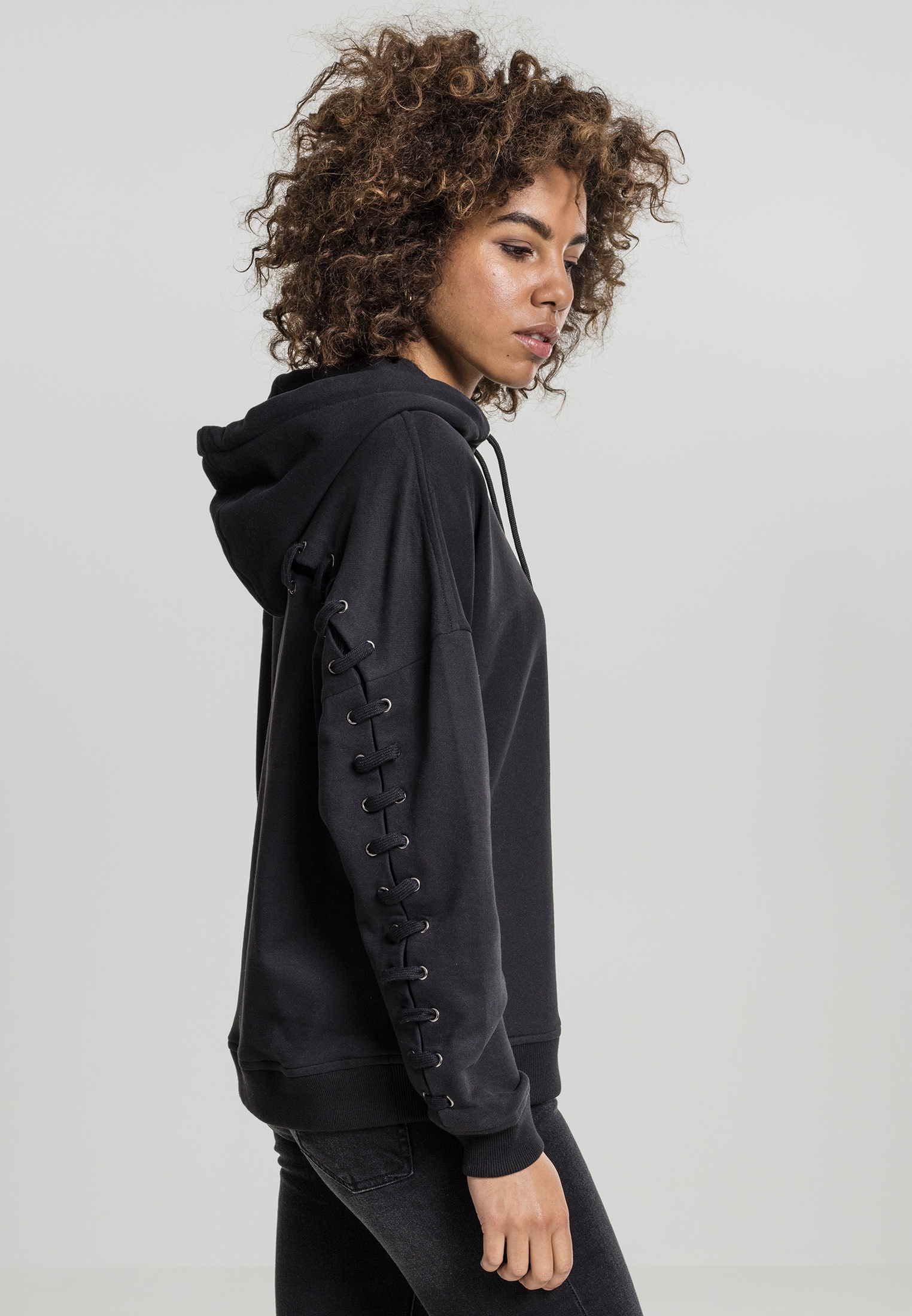 URBAN CLASSICS Rundhalspullover »Urban Classics Damen Ladies Laced-Up Hoody«, (1 tlg.)