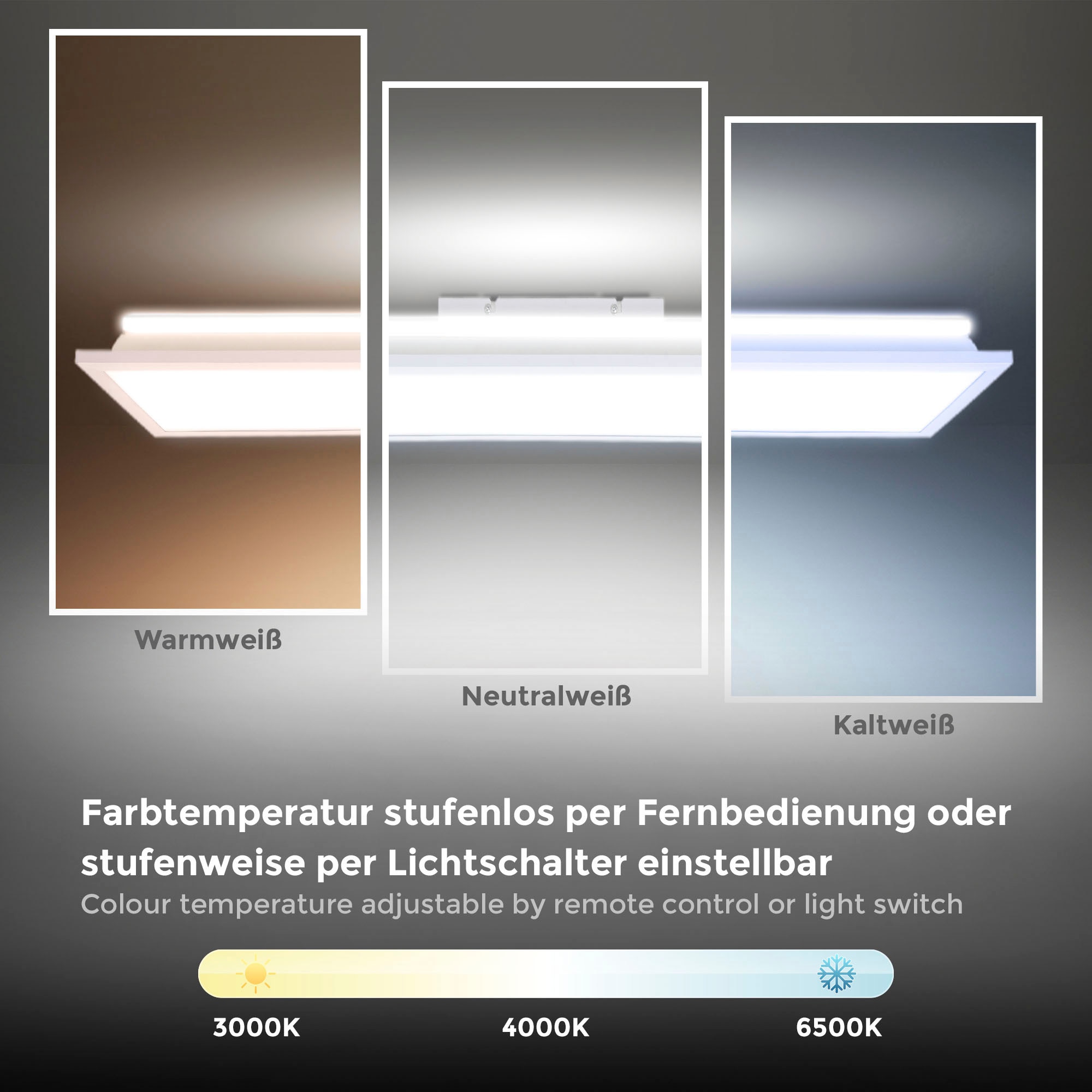 B.K.Licht LED Deckenleuchte,  mit Fernbedienung und Hintergrundbeleuchtungseffekt, 1xLED-Platine 24 Watt, 2.500lm,  dimmbar 3.000 - 6.500K 