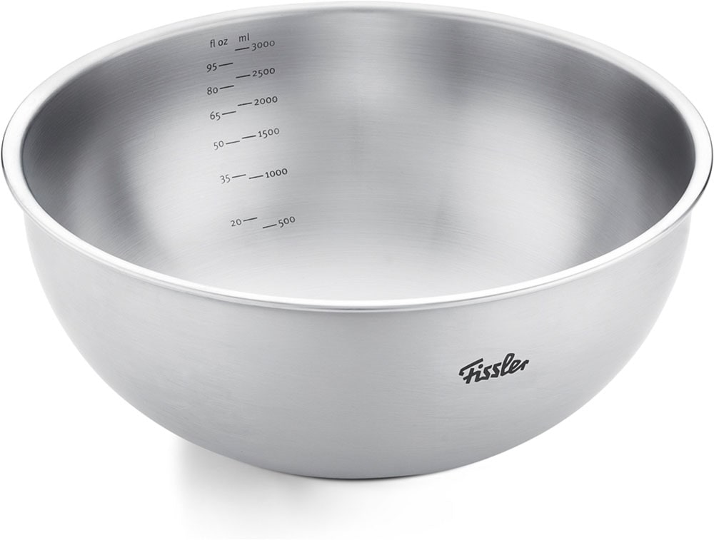 Fissler Schüssel "Fissler Essential Edelstahl-Schüssel" aus Edelstahl 18/10 mit integrierter Mess-Skala, stapelbar für platzsparende Aufbewahrung
