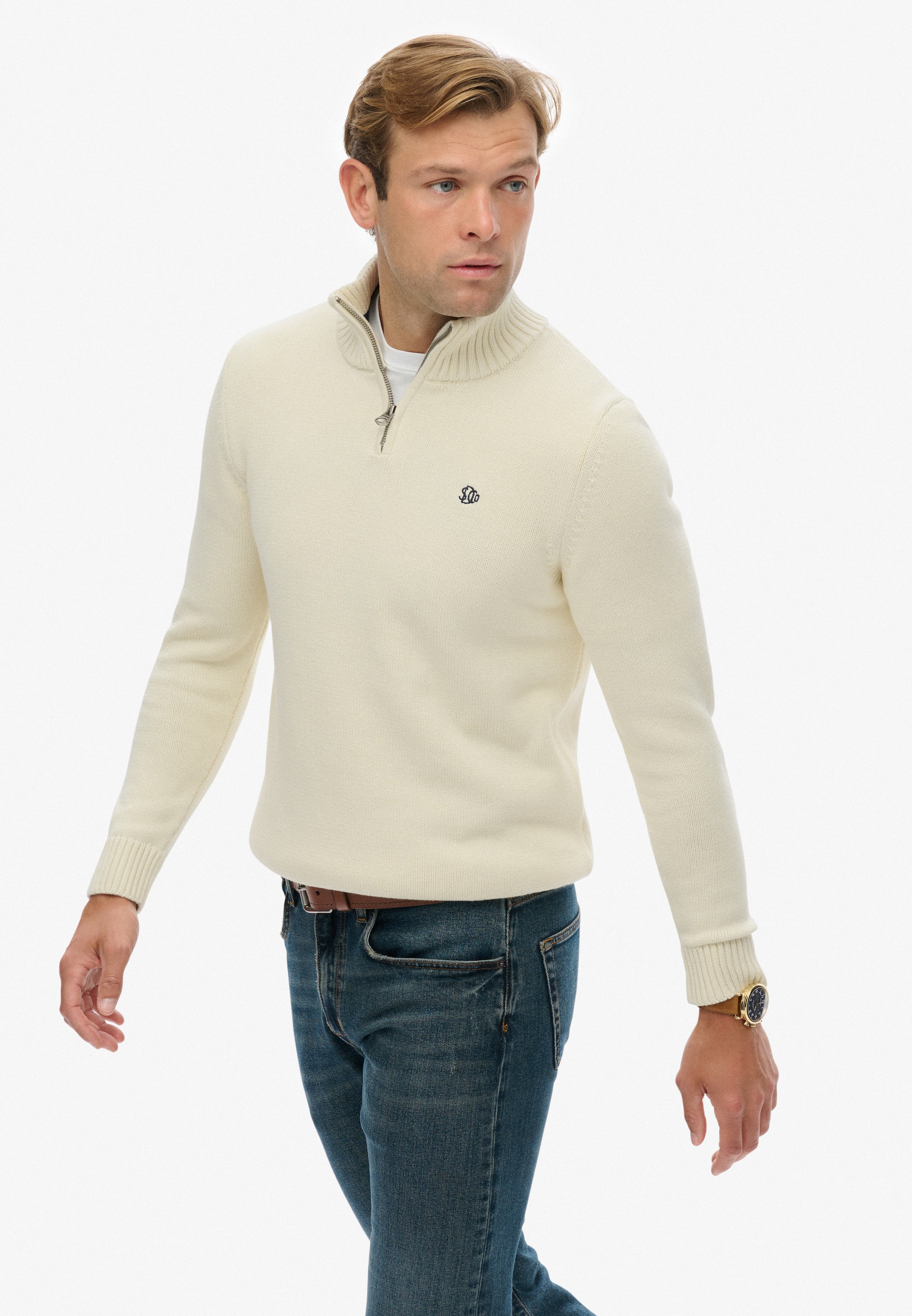 Superdry Strickpullover »COTTON KNIT HENLEY« aus Baumwolle, Slim Fit, mit Stehkragen, hüftlange Form, pflegeleicht