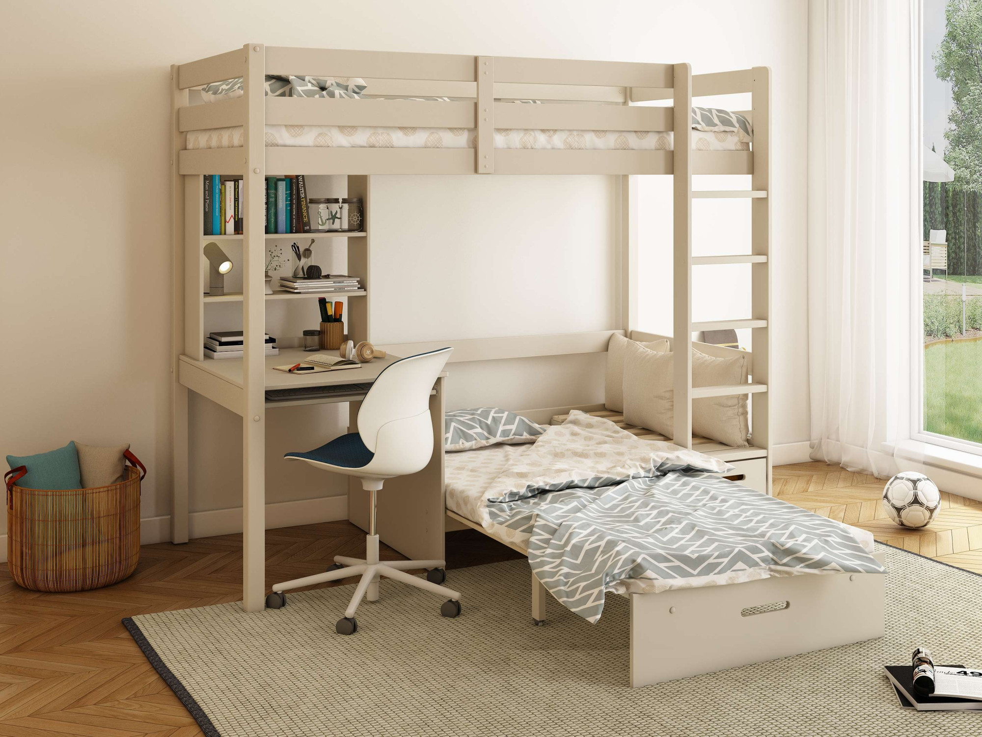 OTTO home Etagenbett "HENNE TOPSELLER Hochbett, Ideal für kleine Räume, 2 Schlafplätze" zweiter Schlafplatz ausziehbar, B/H/T ca. 208/180/105cm, mit Polsterauflagen, Schreibtisch, Stauraum, seitenverkehrt montierbar