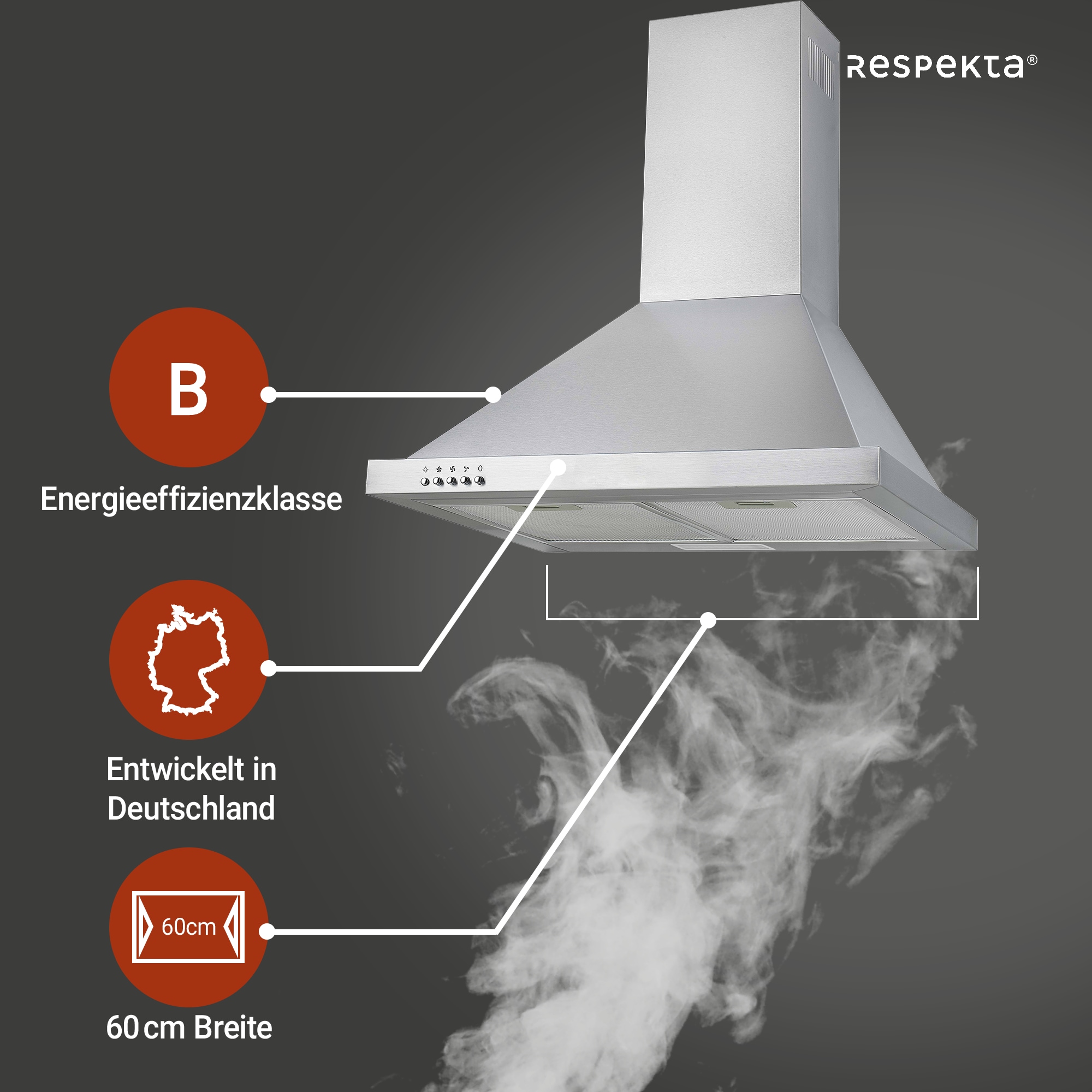 RESPEKTA Kaminhaube »CH 22078 IXB« Serie Dalia 60 cm, 3 Leistungsstufen, LED-Beleuchtung, Ab- und Umluftfähig