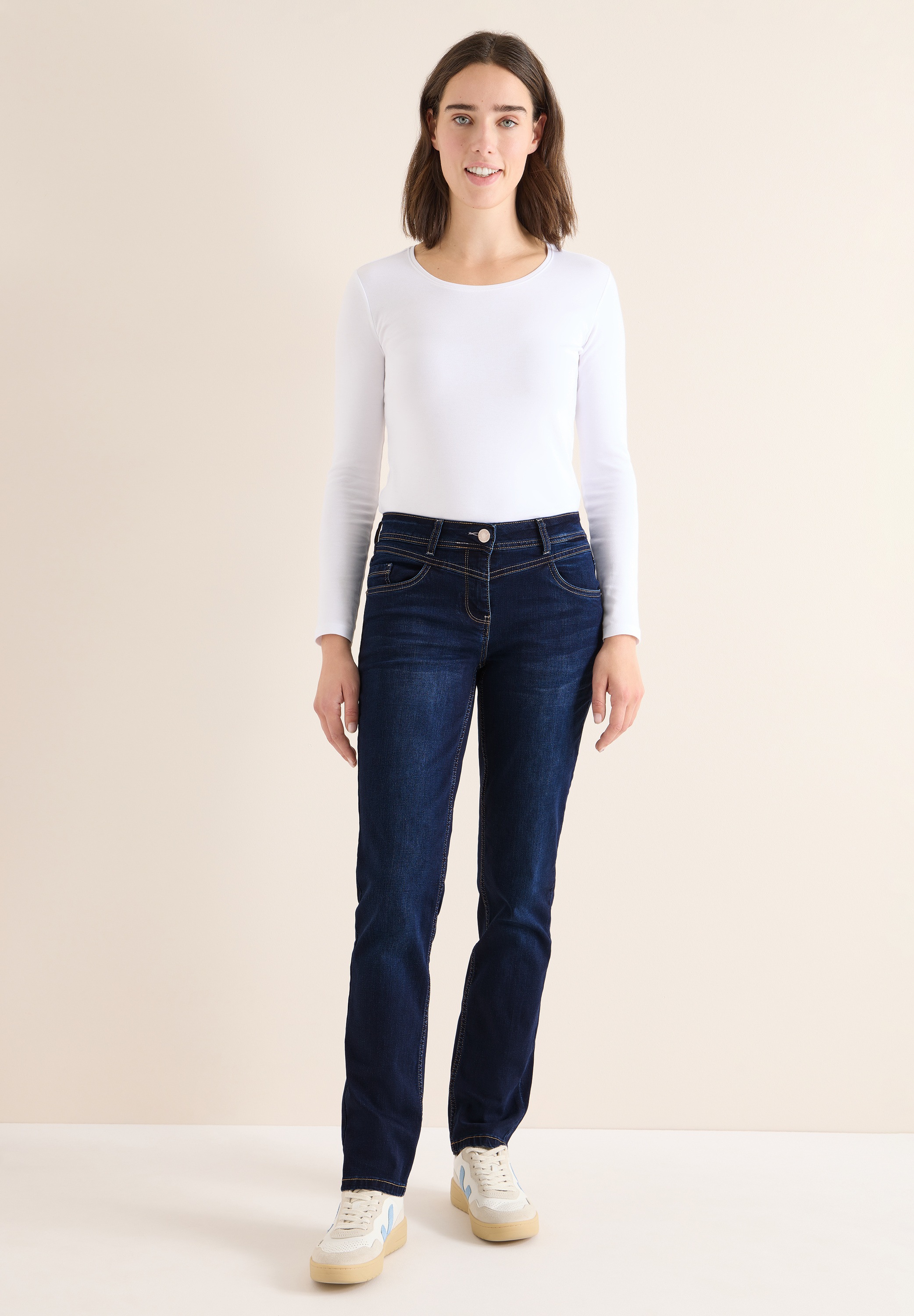 Stoffhose CECIL, Damen, Gr. 32, Länge 34, dunkelblau wash, Web, 76% Baumwolle, 22% Polyester, 2% Elasthan, unifarben, gerade normal, Hosen Stoffhose, 5-Pocket-Style 3