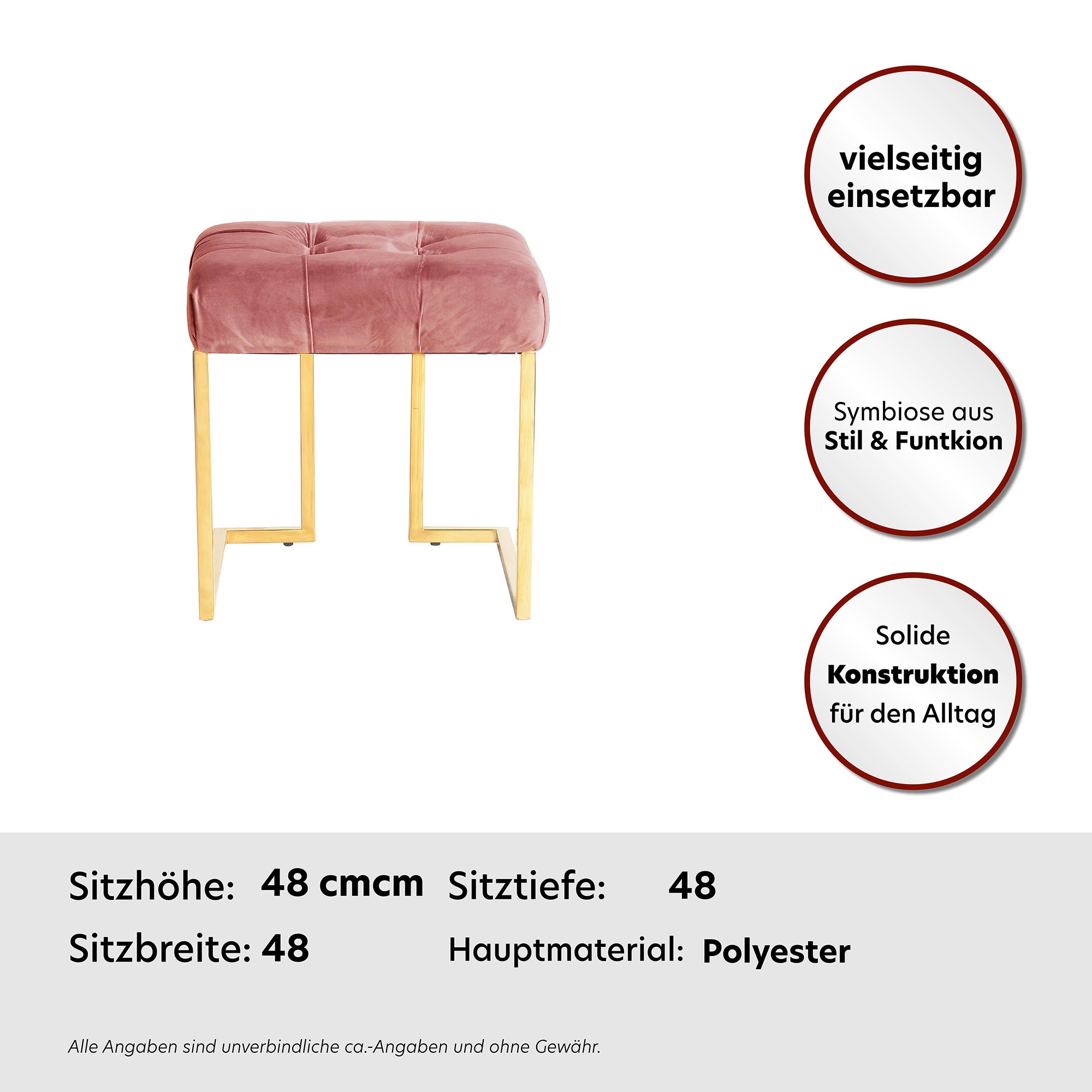 Kayoom Polsterhocker »Hocker Rarity 125, Edler Touch durch goldenes Gestell«, (1 St.), eckig, samtweich, gesteppt, mit Zierknöpfen, Edelstahlgestell